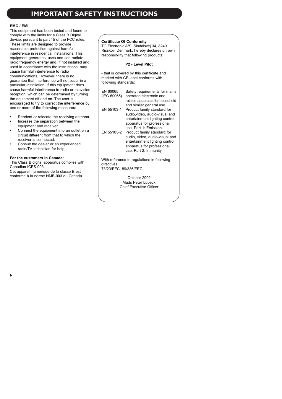 Important safety instructions | TC electronic SDN BHD P2 User Manual | Page 4 / 41