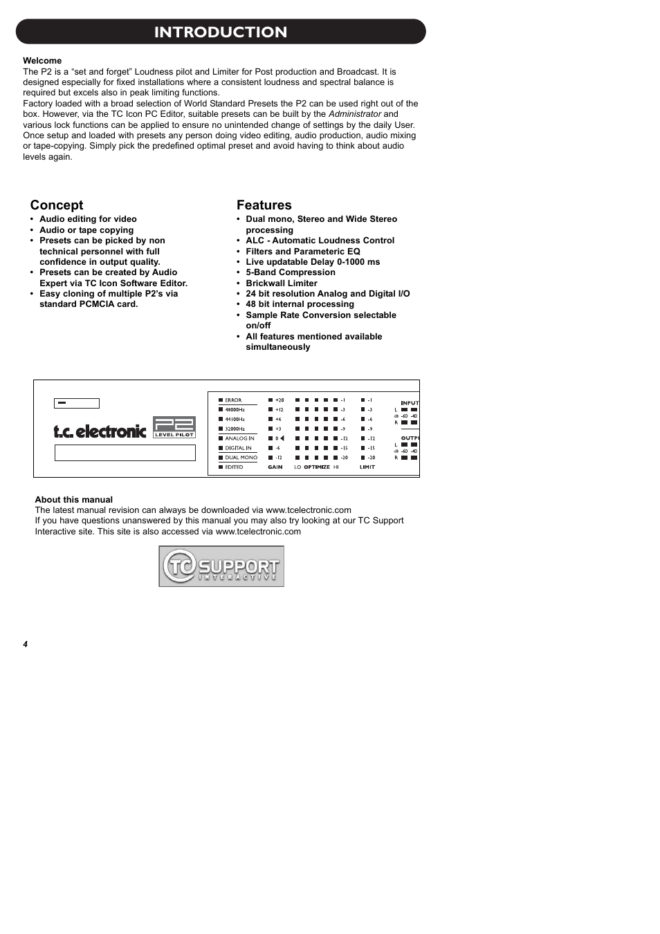Introduction, Features, Concept | TC electronic SDN BHD P2 User Manual | Page 6 / 41