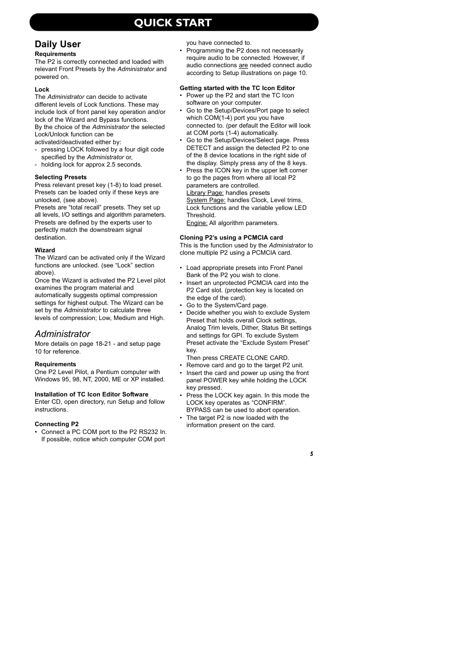 Quick start, Daily user, Administrator | TC electronic SDN BHD P2 User Manual | Page 7 / 41