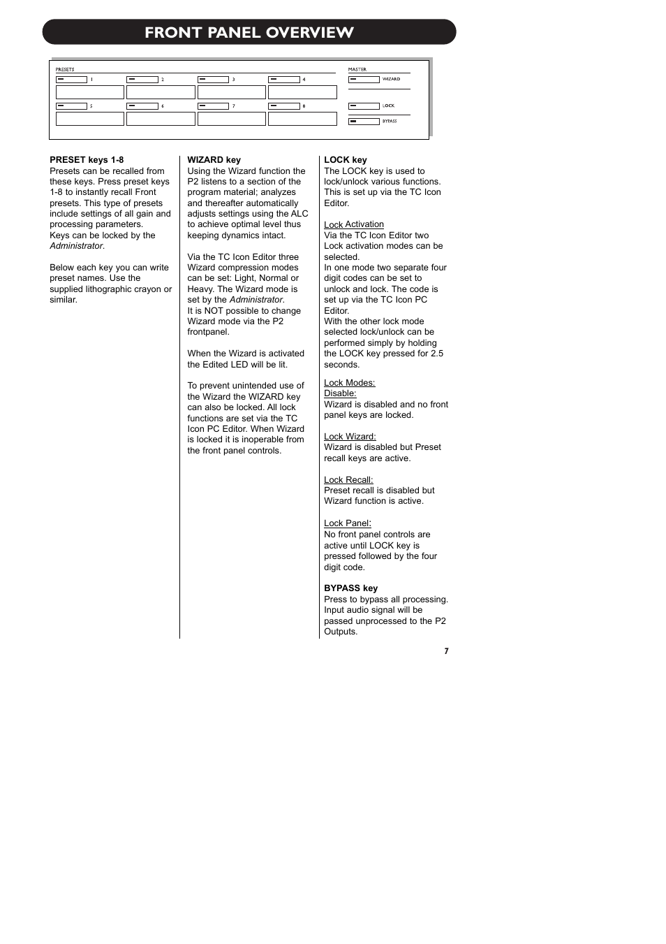 Front panel overview | TC electronic SDN BHD P2 User Manual | Page 9 / 41