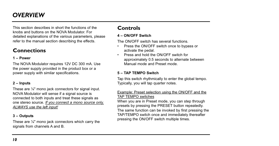 Overview, Connections, Controls | TC Electronic NM-1 Nova Modulator User Manual | Page 10 / 34
