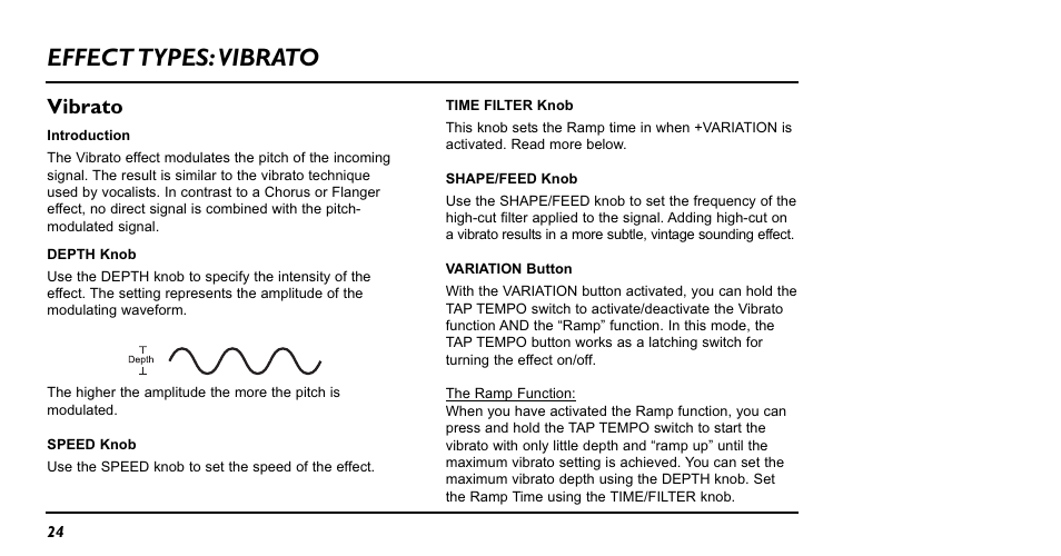 Effect types: vibrato, Vibrato | TC Electronic NM-1 Nova Modulator User Manual | Page 24 / 34
