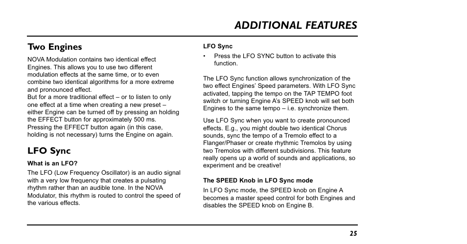 Additional features, Two engines, Lfo sync | TC Electronic NM-1 Nova Modulator User Manual | Page 25 / 34