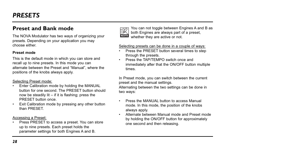 Presets, Preset and bank mode | TC Electronic NM-1 Nova Modulator User Manual | Page 28 / 34