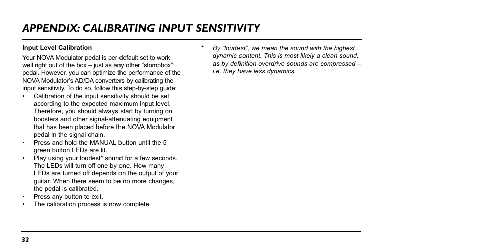 Appendix: calibrating input sensitivity | TC Electronic NM-1 Nova Modulator User Manual | Page 32 / 34