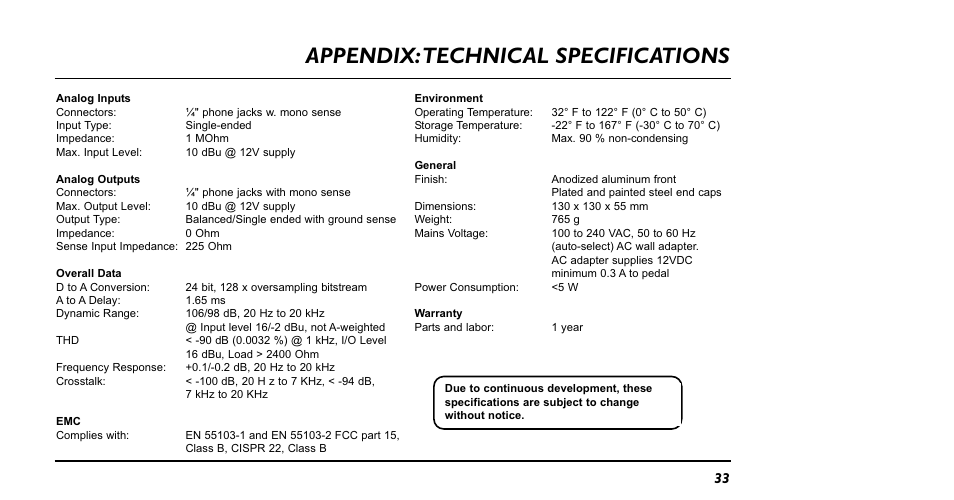 Appendix:technical specifications | TC Electronic NM-1 Nova Modulator User Manual | Page 33 / 34