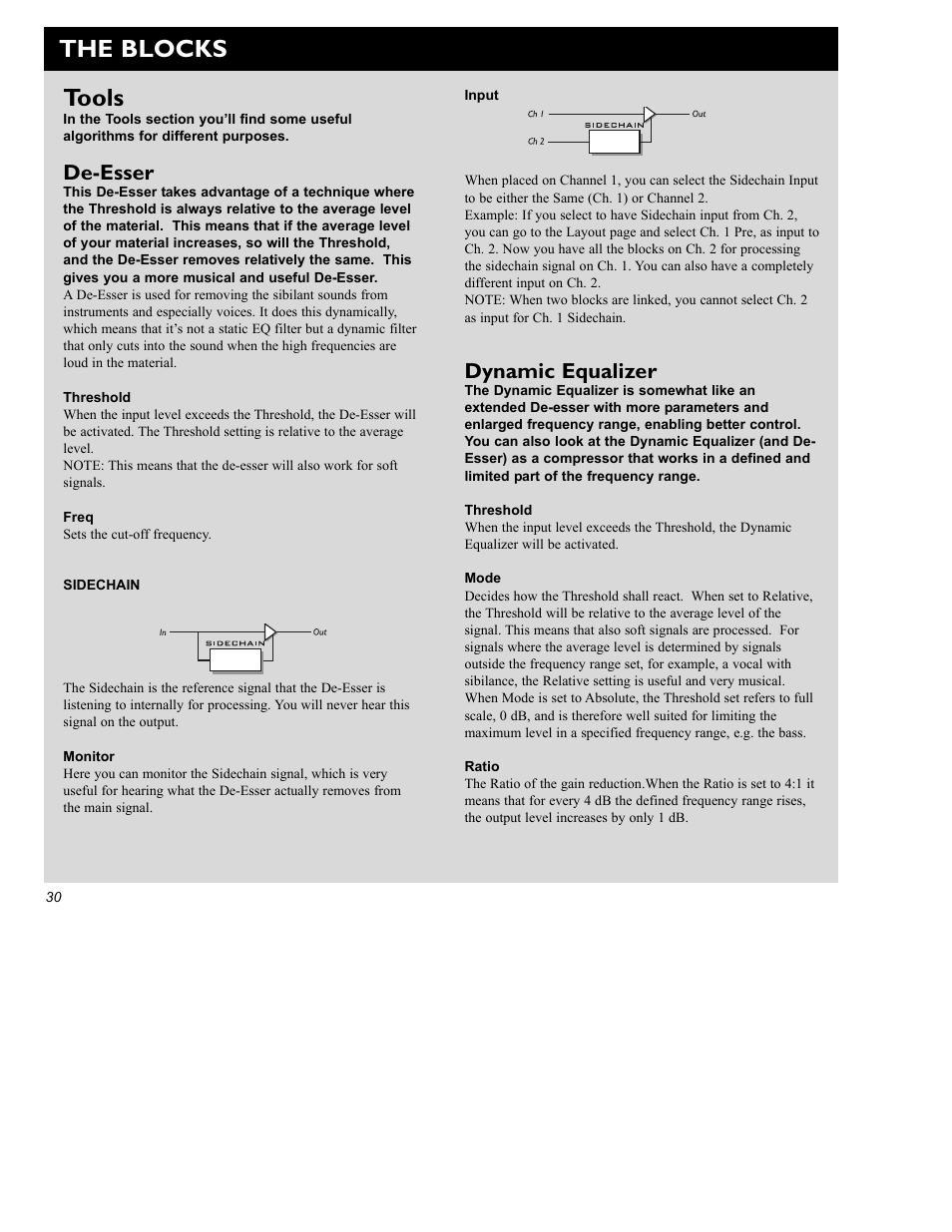 The blocks, Tools, Dynamic equalizer | De-esser | TC electronic SDN BHD Gold Channel User Manual | Page 30 / 45