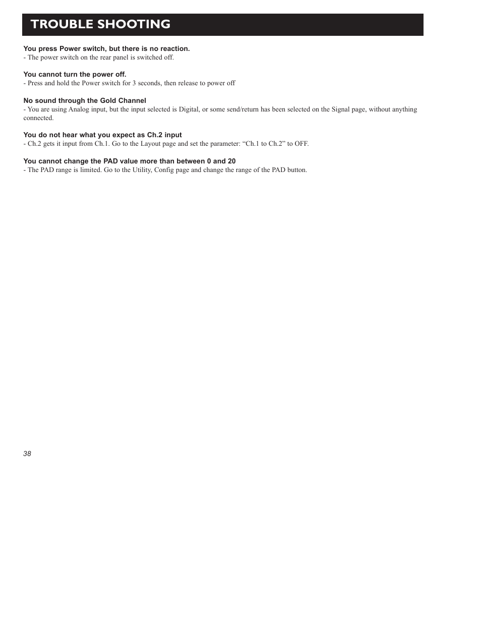 Trouble shooting | TC electronic SDN BHD Gold Channel User Manual | Page 38 / 45