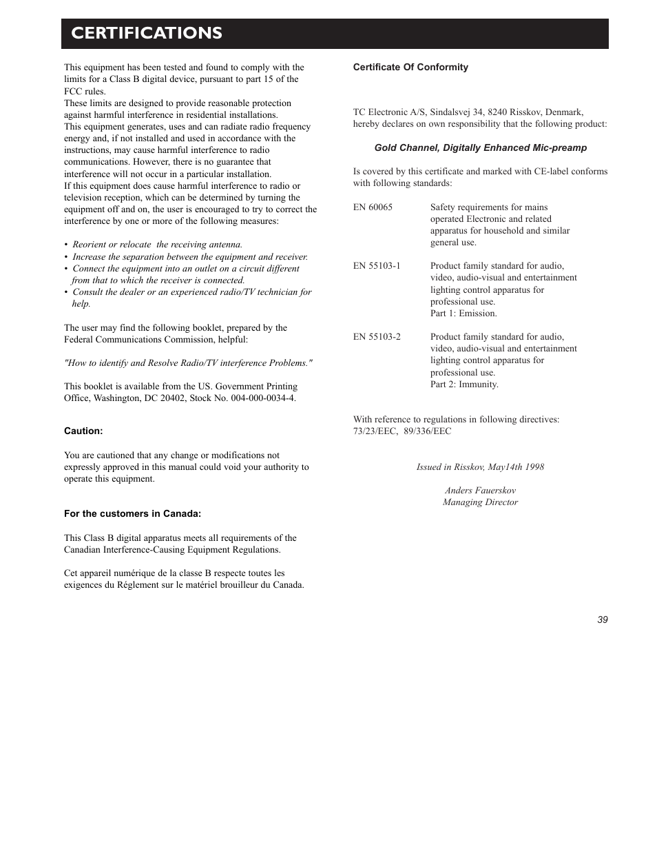 Certifications | TC electronic SDN BHD Gold Channel User Manual | Page 39 / 45