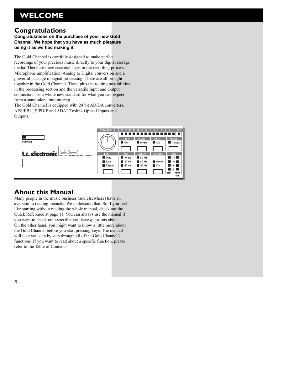 Welcome, About this manual | TC electronic SDN BHD Gold Channel User Manual | Page 6 / 45