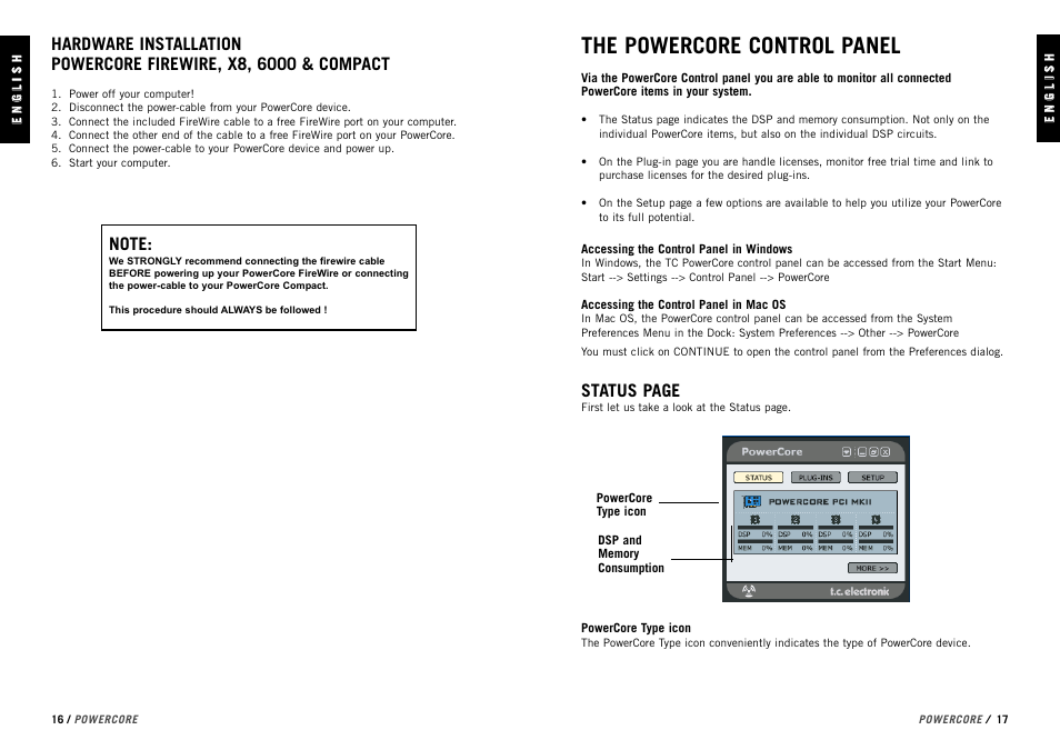 The powercore control panel, Status page | TC electronic SDN BHD PowerCore User Manual | Page 10 / 22