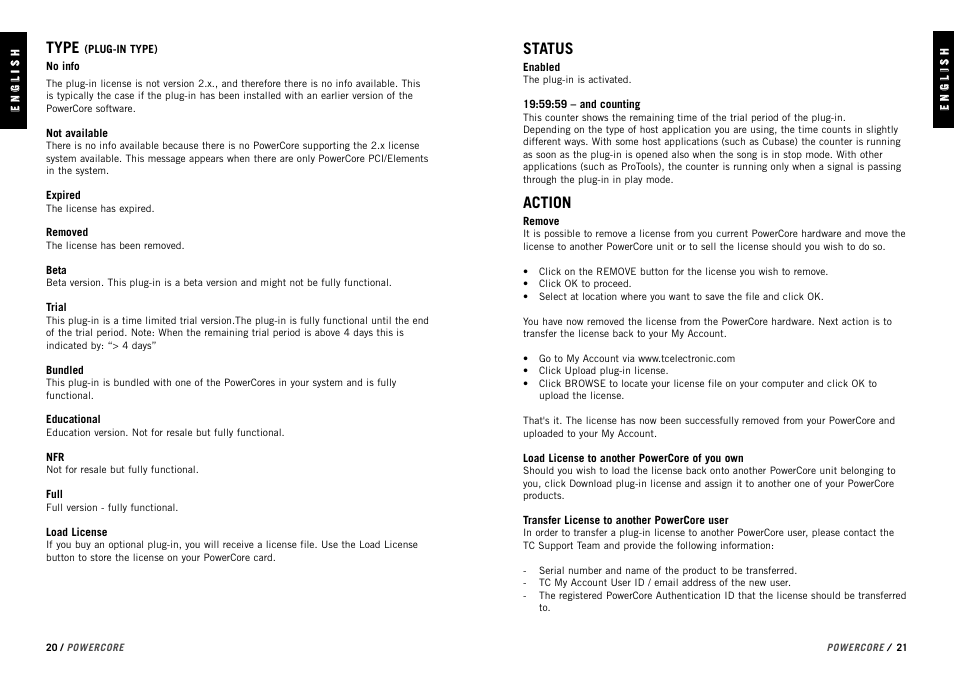 Type, Status, Action | TC electronic SDN BHD PowerCore User Manual | Page 12 / 22