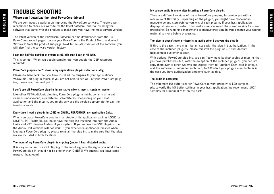 Trouble shooting | TC electronic SDN BHD PowerCore User Manual | Page 20 / 22