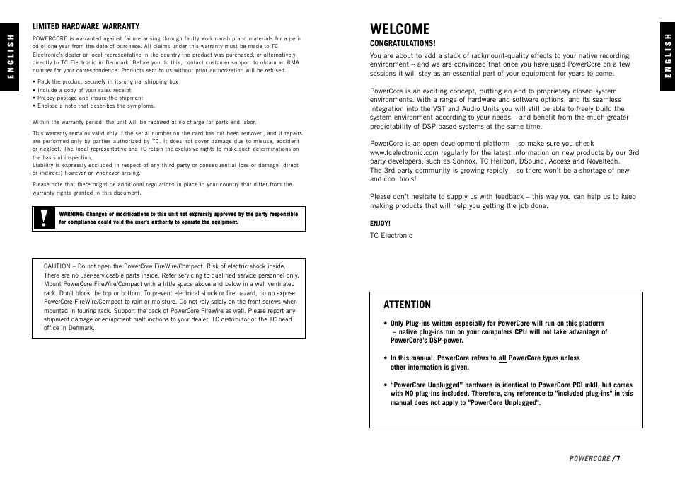 Welcome, Attention | TC electronic SDN BHD PowerCore User Manual | Page 5 / 22