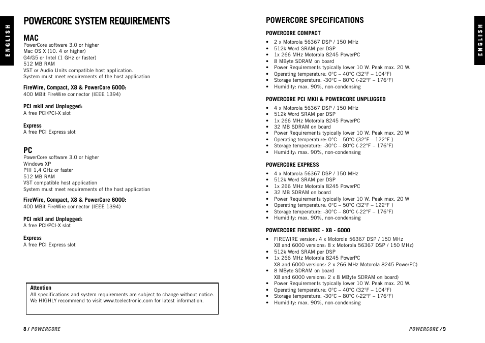 Powercore system requirements, Powercore specifications | TC electronic SDN BHD PowerCore User Manual | Page 6 / 22