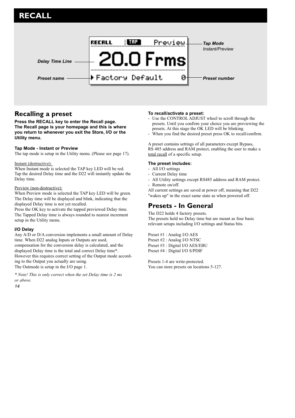 Recall, Recalling a preset, Presets - in general | TC electronic SDN BHD D22 User Manual | Page 16 / 30