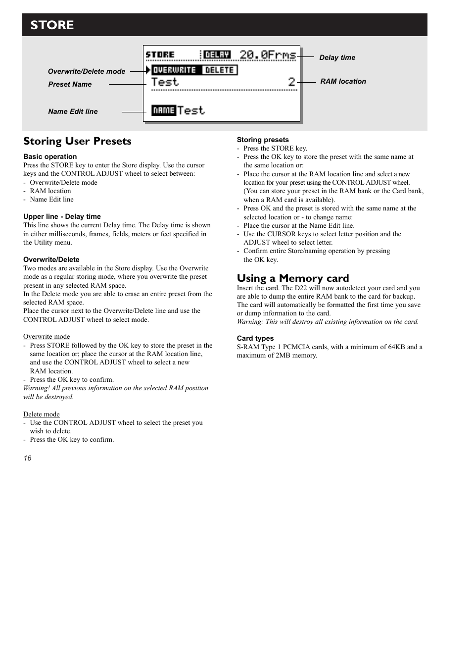 Store, Storing user presets | TC electronic SDN BHD D22 User Manual | Page 18 / 30