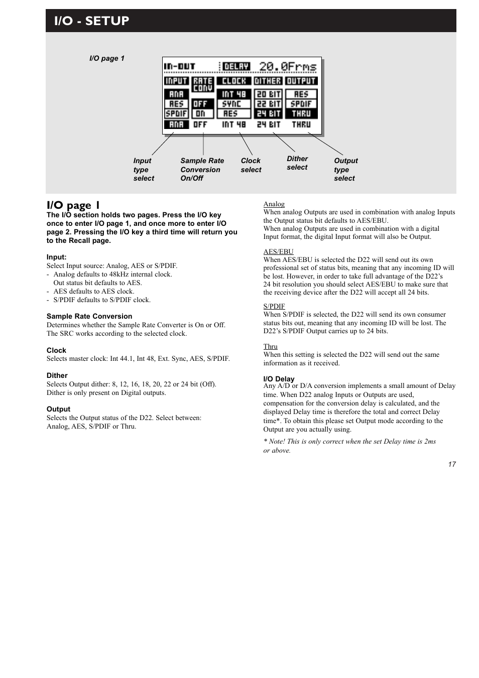 I/o - setup, I/o page 1 | TC electronic SDN BHD D22 User Manual | Page 19 / 30