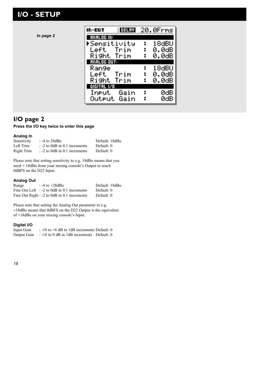 I/o - setup, I/o page 2 | TC electronic SDN BHD D22 User Manual | Page 20 / 30
