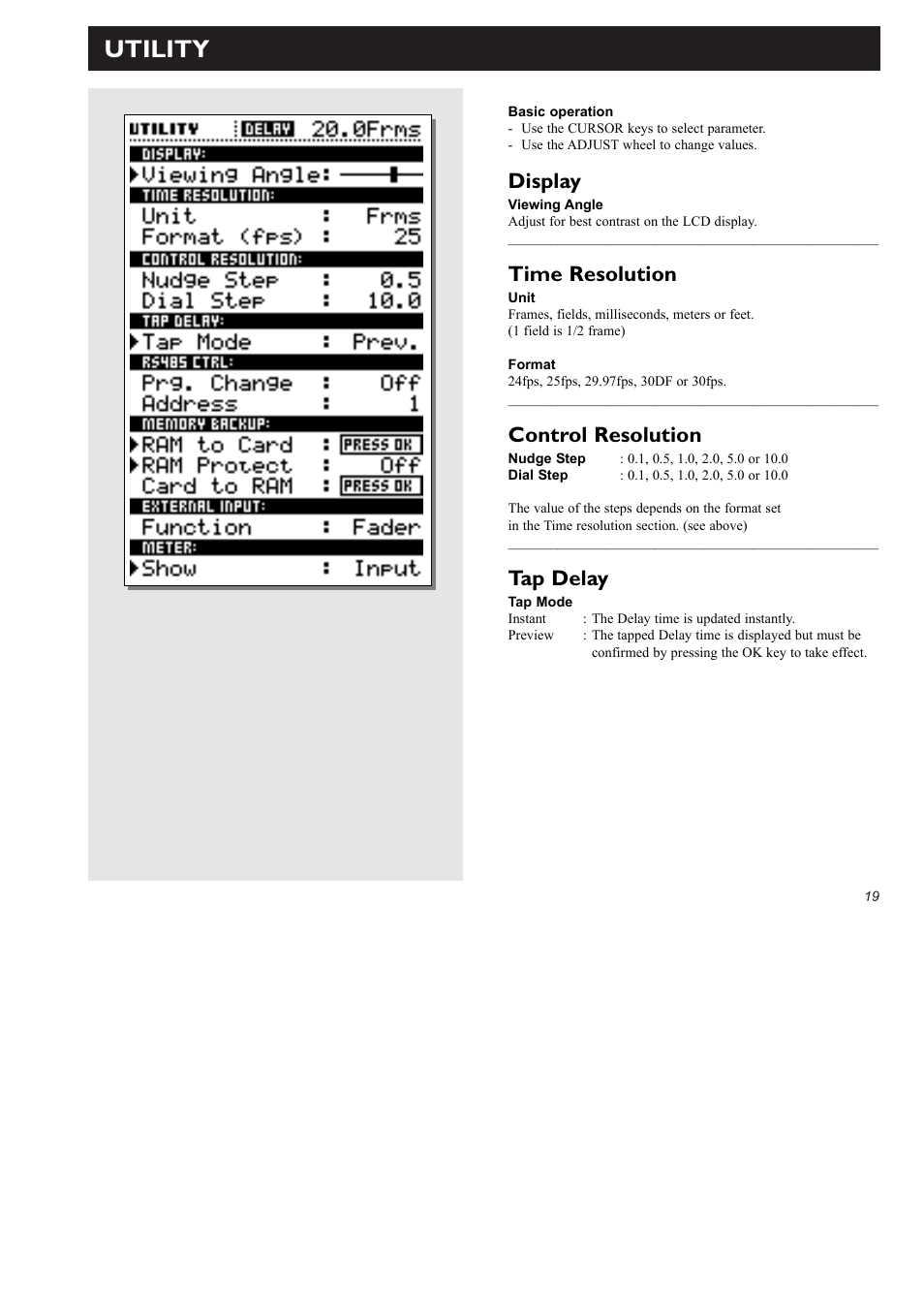 Utility, Display, Time resolution | Control resolution, Tap delay | TC electronic SDN BHD D22 User Manual | Page 21 / 30