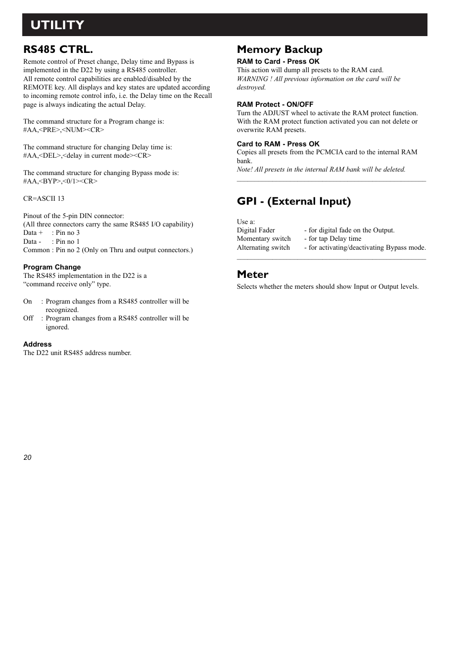 Utility, Rs485 ctrl, Gpi - (external input) | Meter | TC electronic SDN BHD D22 User Manual | Page 22 / 30