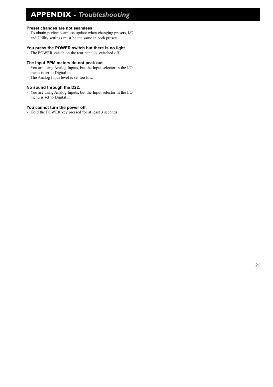 Appendix - troubleshooting | TC electronic SDN BHD D22 User Manual | Page 23 / 30