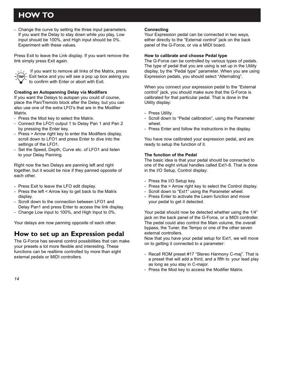 How to, How to set up an expression pedal | TC Electronic G-Force User Manual | Page 16 / 63