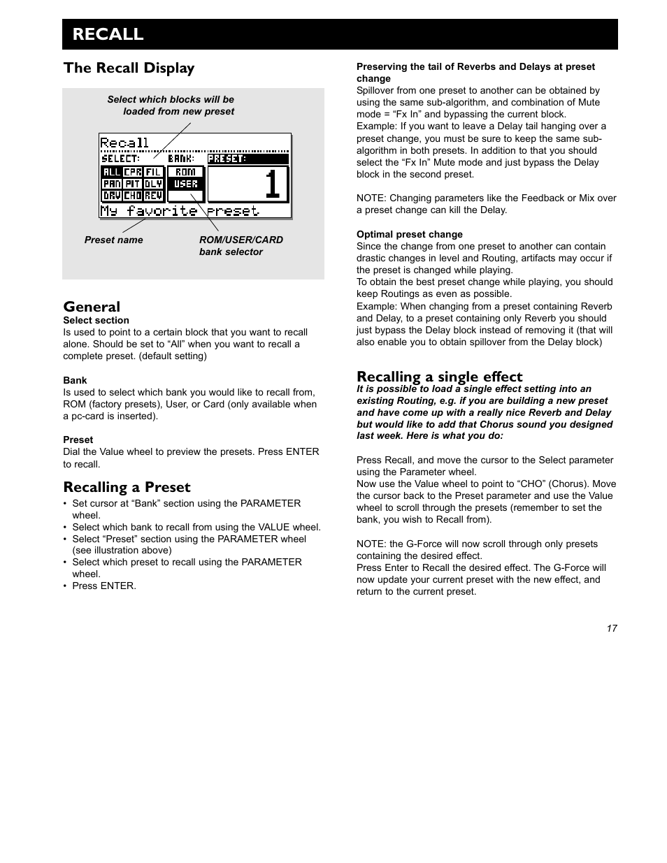 Recall, The recall display, General | Recalling a preset, Recalling a single effect | TC Electronic G-Force User Manual | Page 19 / 63