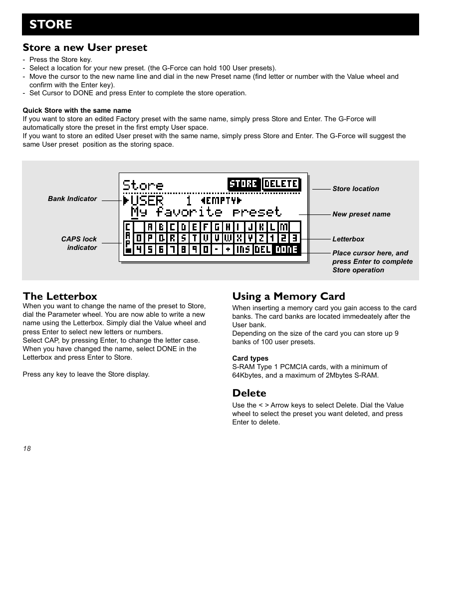 Store, Store a new user preset, The letterbox | Delete | TC Electronic G-Force User Manual | Page 20 / 63