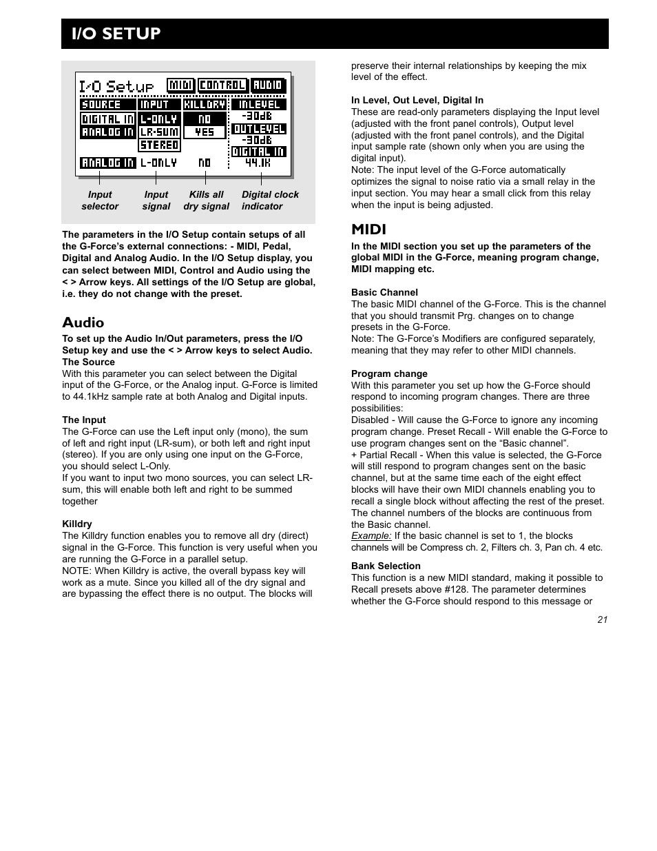 I/o setup, Audio, Midi | TC Electronic G-Force User Manual | Page 23 / 63