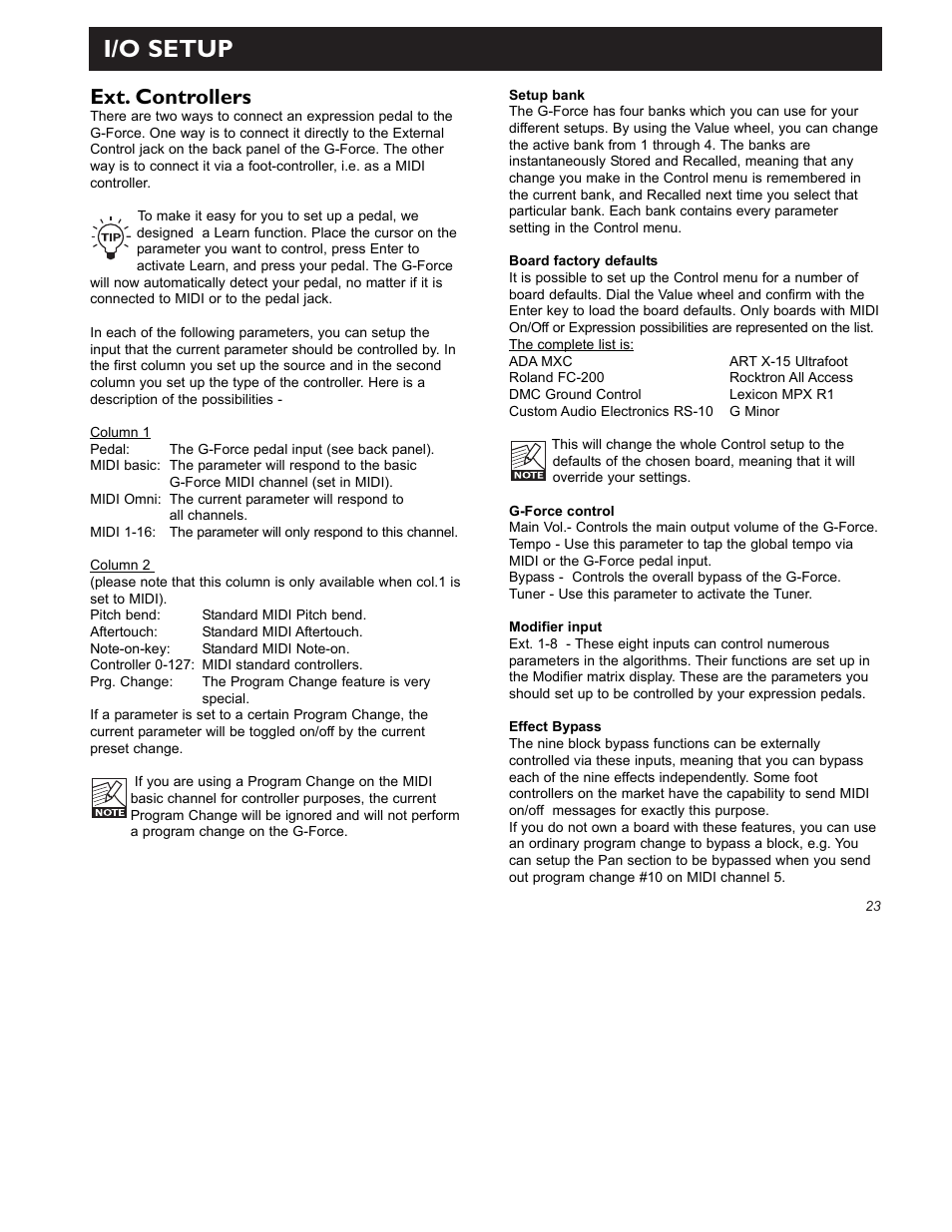 I/o setup, Ext. controllers | TC Electronic G-Force User Manual | Page 25 / 63