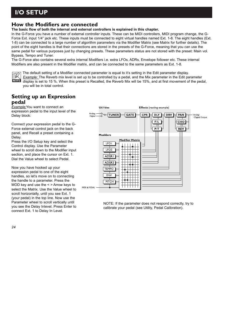 I/o setup, How the modifiers are connected, Setting up an expression pedal | TC Electronic G-Force User Manual | Page 26 / 63