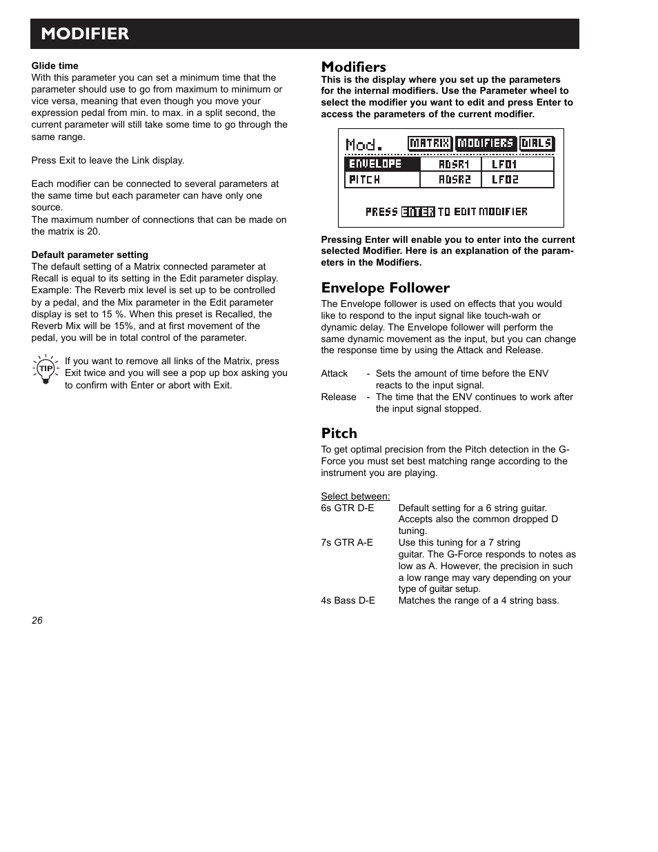 Modifier, Modifiers, Envelope follower | Pitch | TC Electronic G-Force User Manual | Page 28 / 63