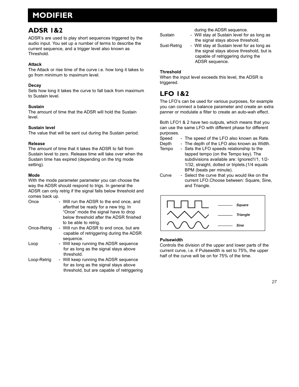 Modifier, Adsr 1&2, Lfo 1&2 | TC Electronic G-Force User Manual | Page 29 / 63