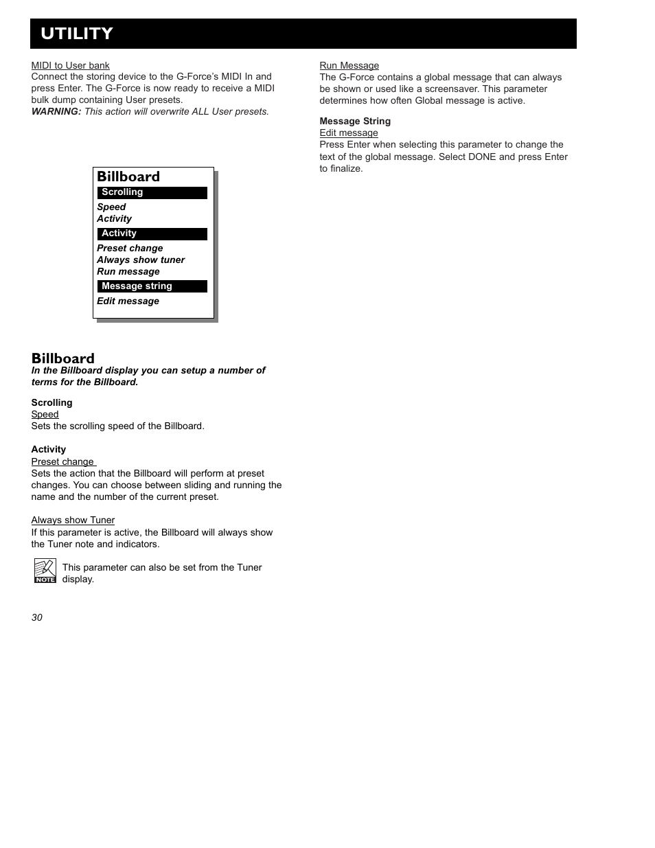 Utility, Billboard | TC Electronic G-Force User Manual | Page 32 / 63