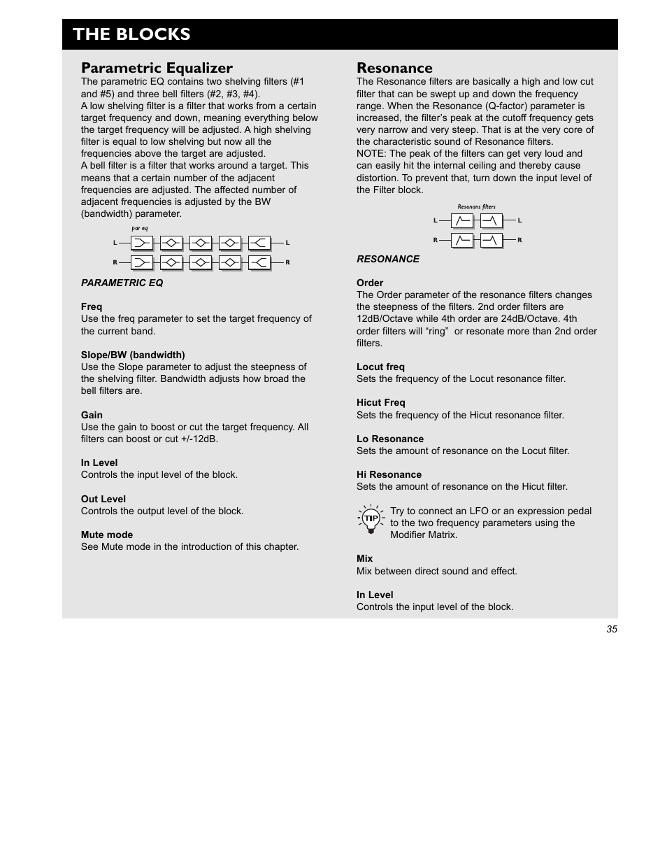 The blocks, Parametric equalizer, Resonance | TC Electronic G-Force User Manual | Page 37 / 63