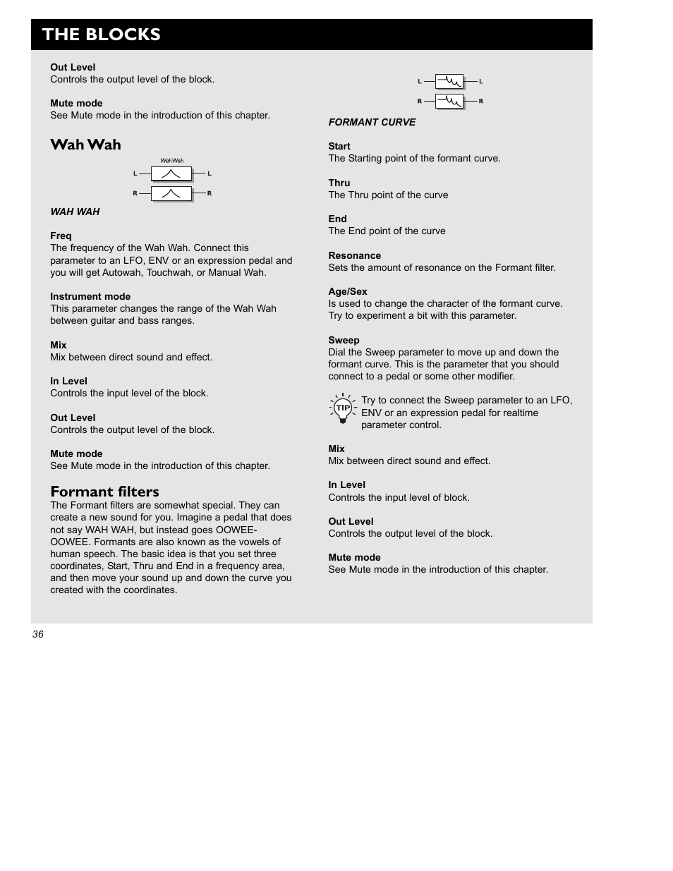 The blocks, Wah wah, Formant filters | TC Electronic G-Force User Manual | Page 38 / 63