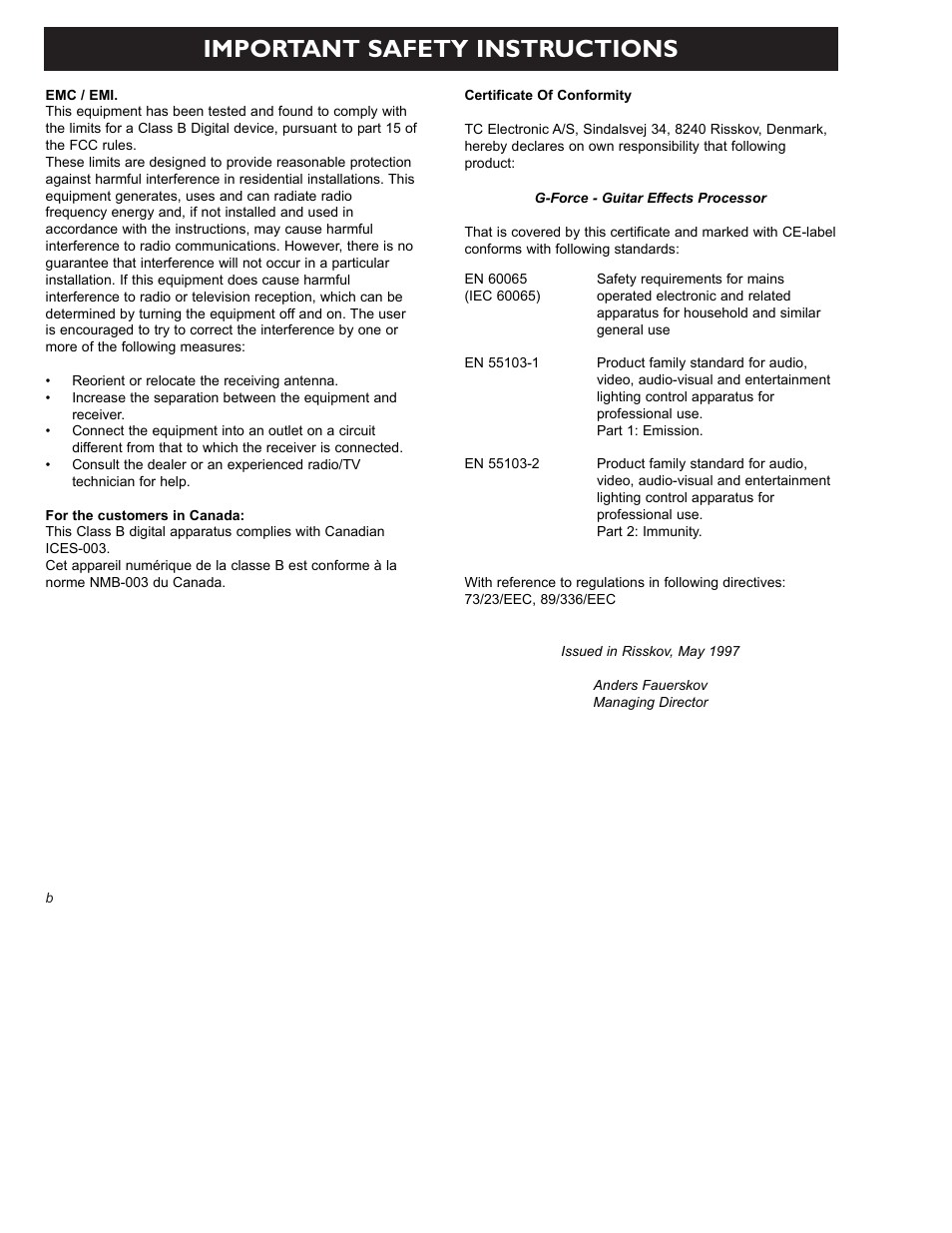 Important safety instructions | TC Electronic G-Force User Manual | Page 4 / 63