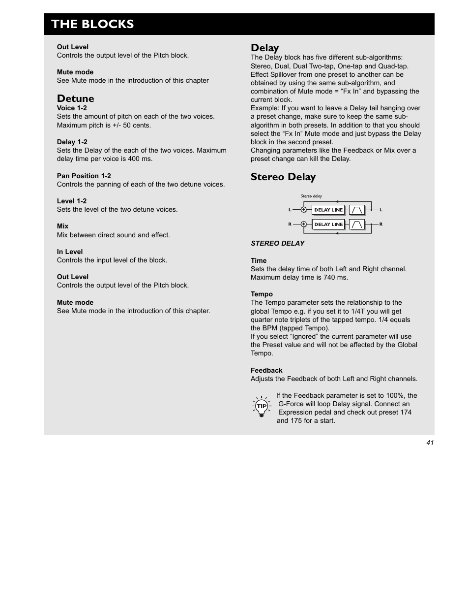 The blocks, Delay, Stereo delay | Detune | TC Electronic G-Force User Manual | Page 43 / 63