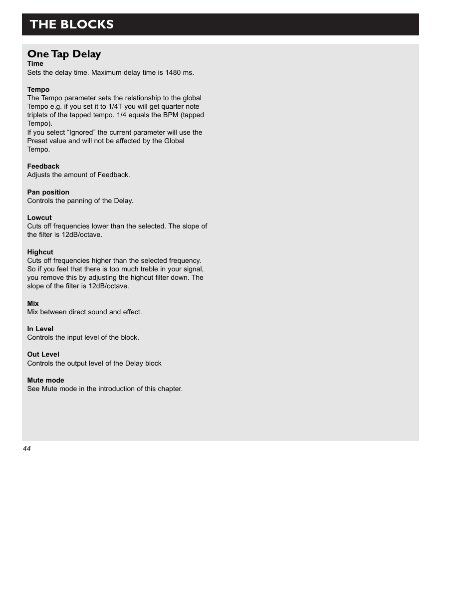 The blocks, One tap delay | TC Electronic G-Force User Manual | Page 46 / 63