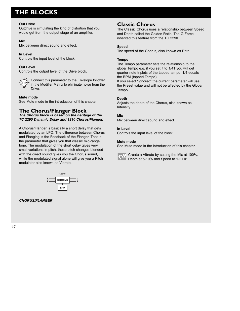 The blocks, The chorus/flanger block, Classic chorus | TC Electronic G-Force User Manual | Page 48 / 63