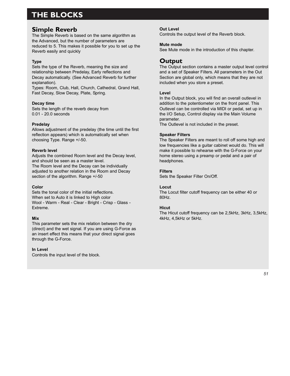 The blocks, Simple reverb, Output | TC Electronic G-Force User Manual | Page 53 / 63