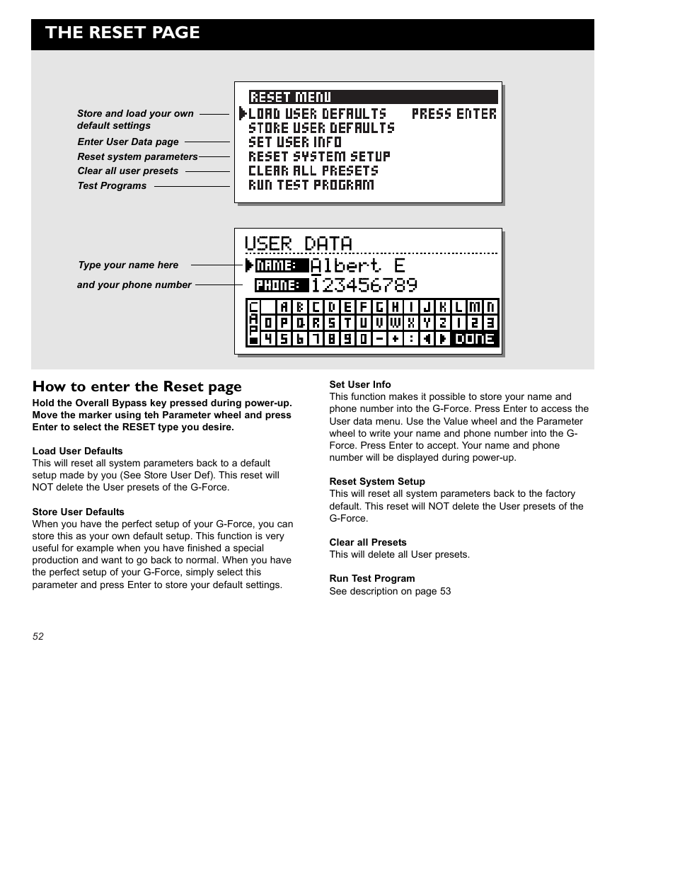 The reset page, How to enter the reset page | TC Electronic G-Force User Manual | Page 54 / 63