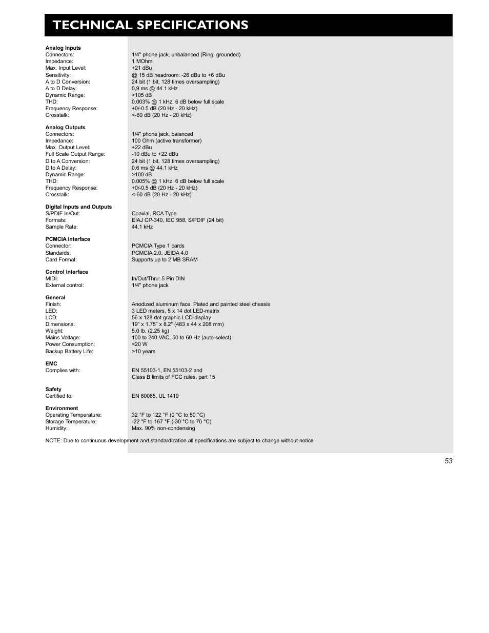 Technical specifications | TC Electronic G-Force User Manual | Page 55 / 63