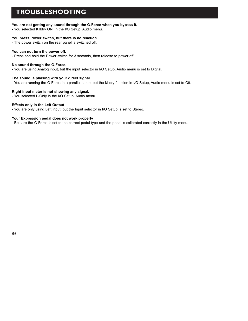 Troubleshooting | TC Electronic G-Force User Manual | Page 56 / 63