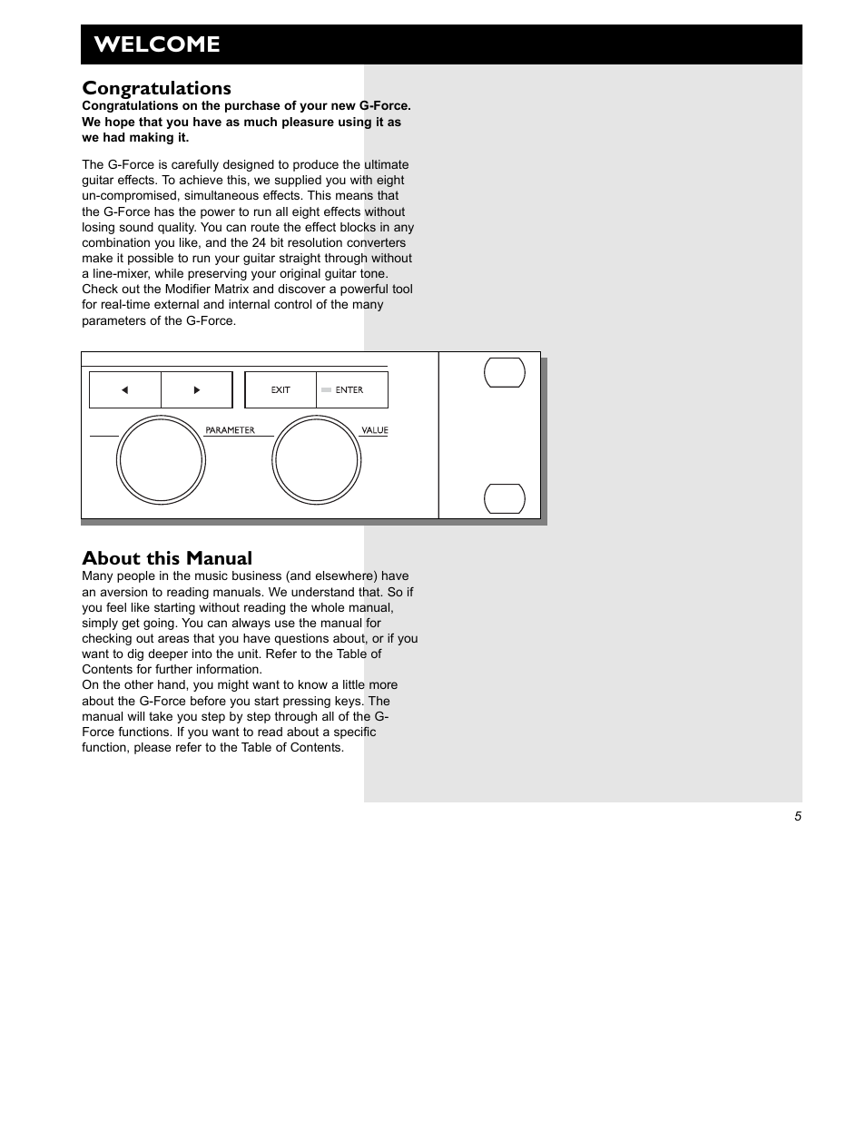 Welcome, About this manual | TC Electronic G-Force User Manual | Page 7 / 63