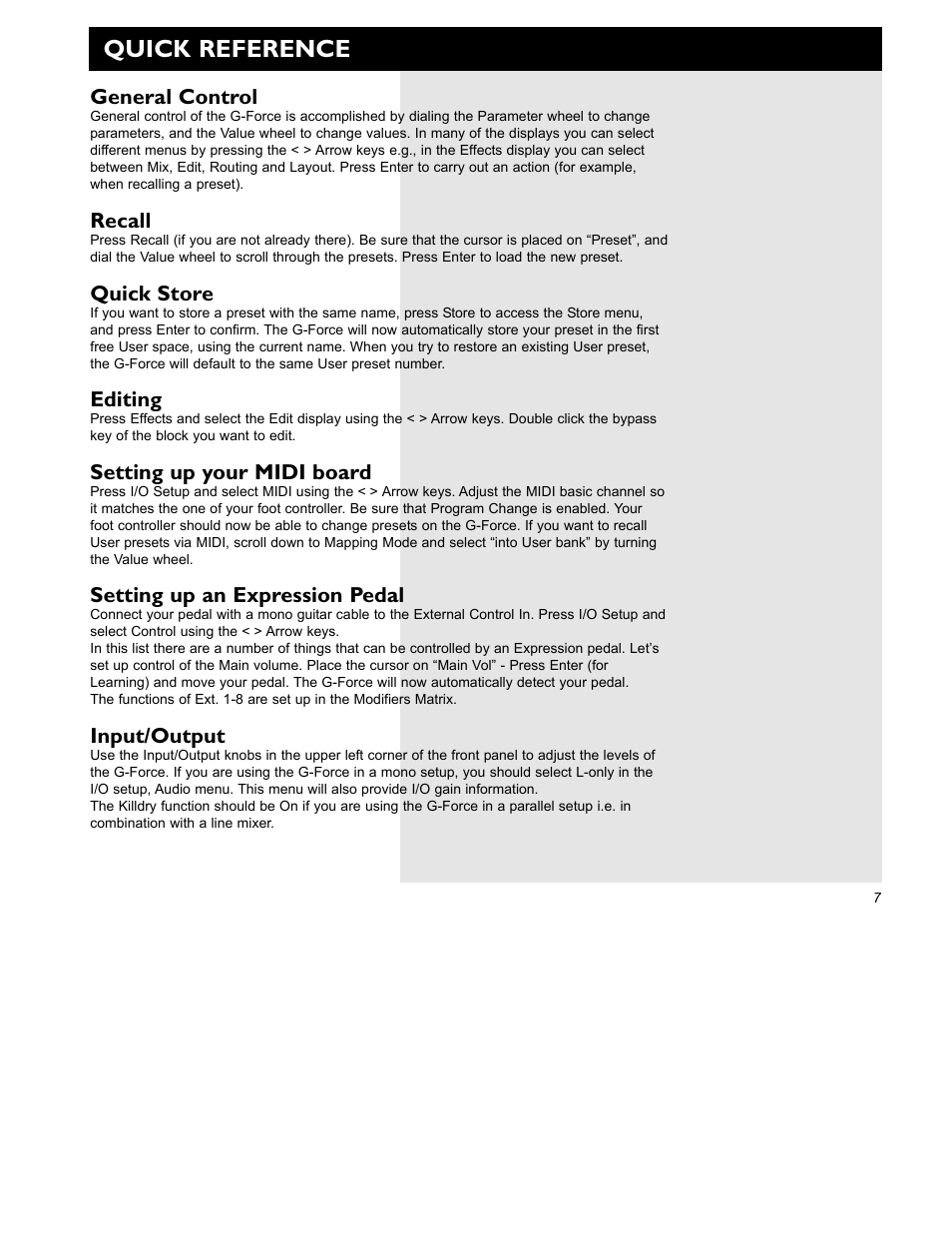 Quick reference | TC Electronic G-Force User Manual | Page 9 / 63