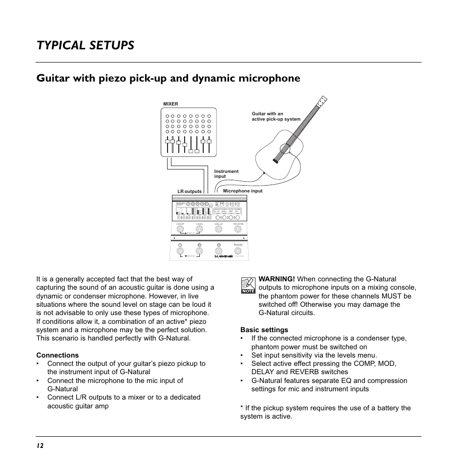 Typical setups, Guitar with piezo pick-up and dynamic microphone, Algorithm select | Factory default, Preset bank | tune | TC Electronic G-Natural User Manual | Page 14 / 34
