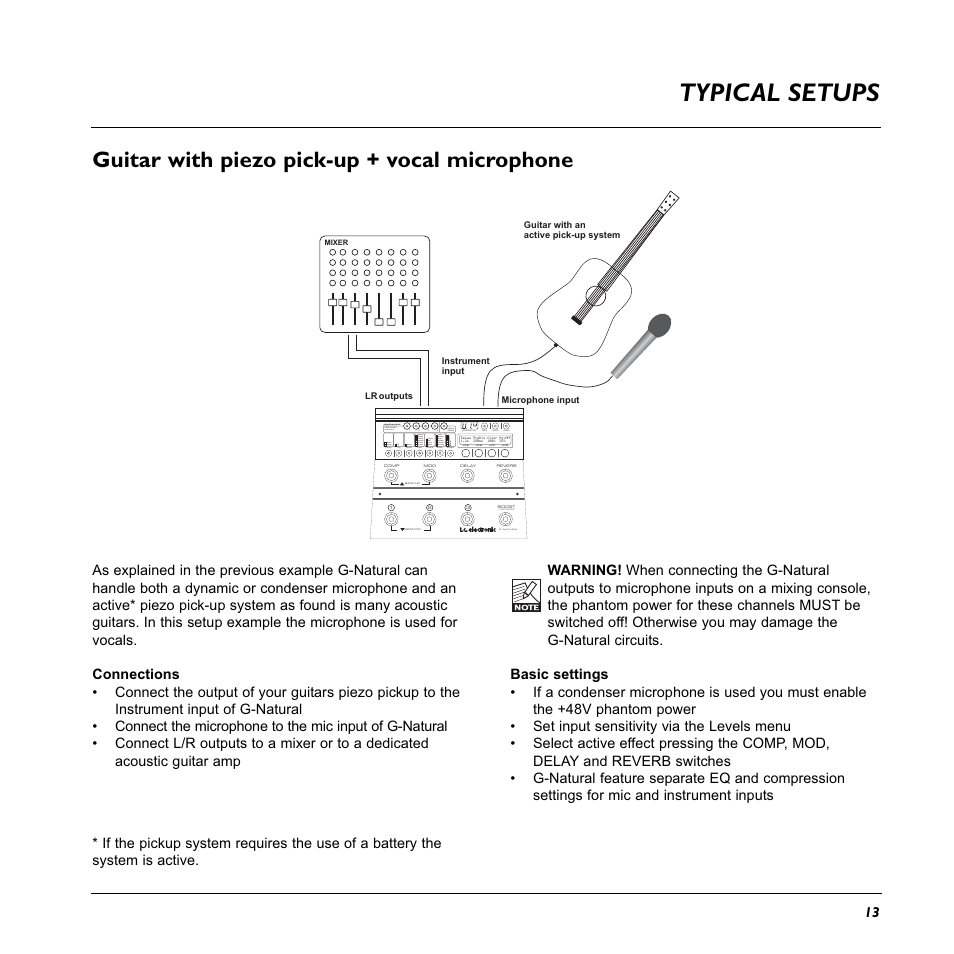 Typical setups, Guitar with piezo pick-up + vocal microphone, Algorithm select | Tap tempo, Factory default, Preset bank | tune | TC Electronic G-Natural User Manual | Page 15 / 34