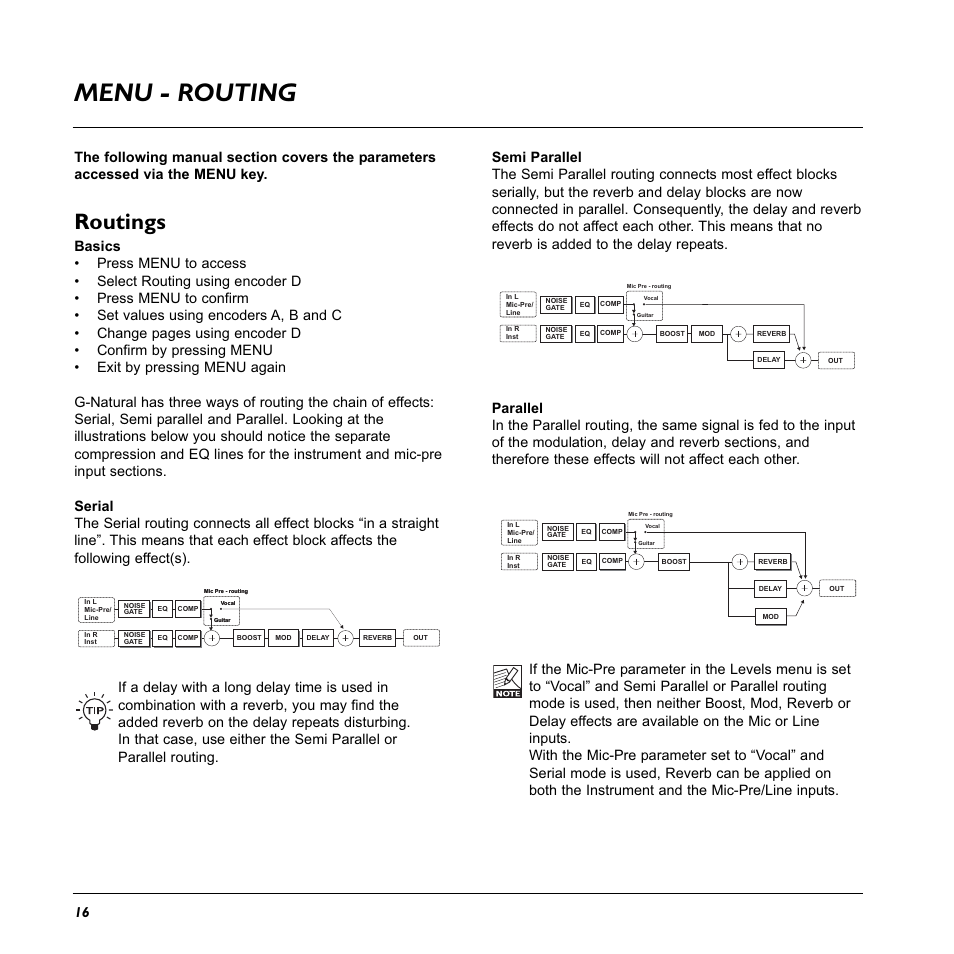 Menu - routing, Routings | TC Electronic G-Natural User Manual | Page 18 / 34